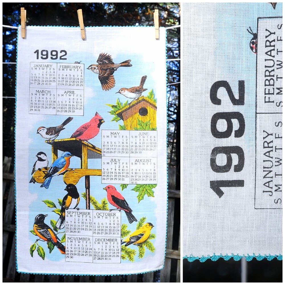 Vintage 1992 Calendar Towel Garden Songbirds, Feeder & Birdhouse Crochet Edging